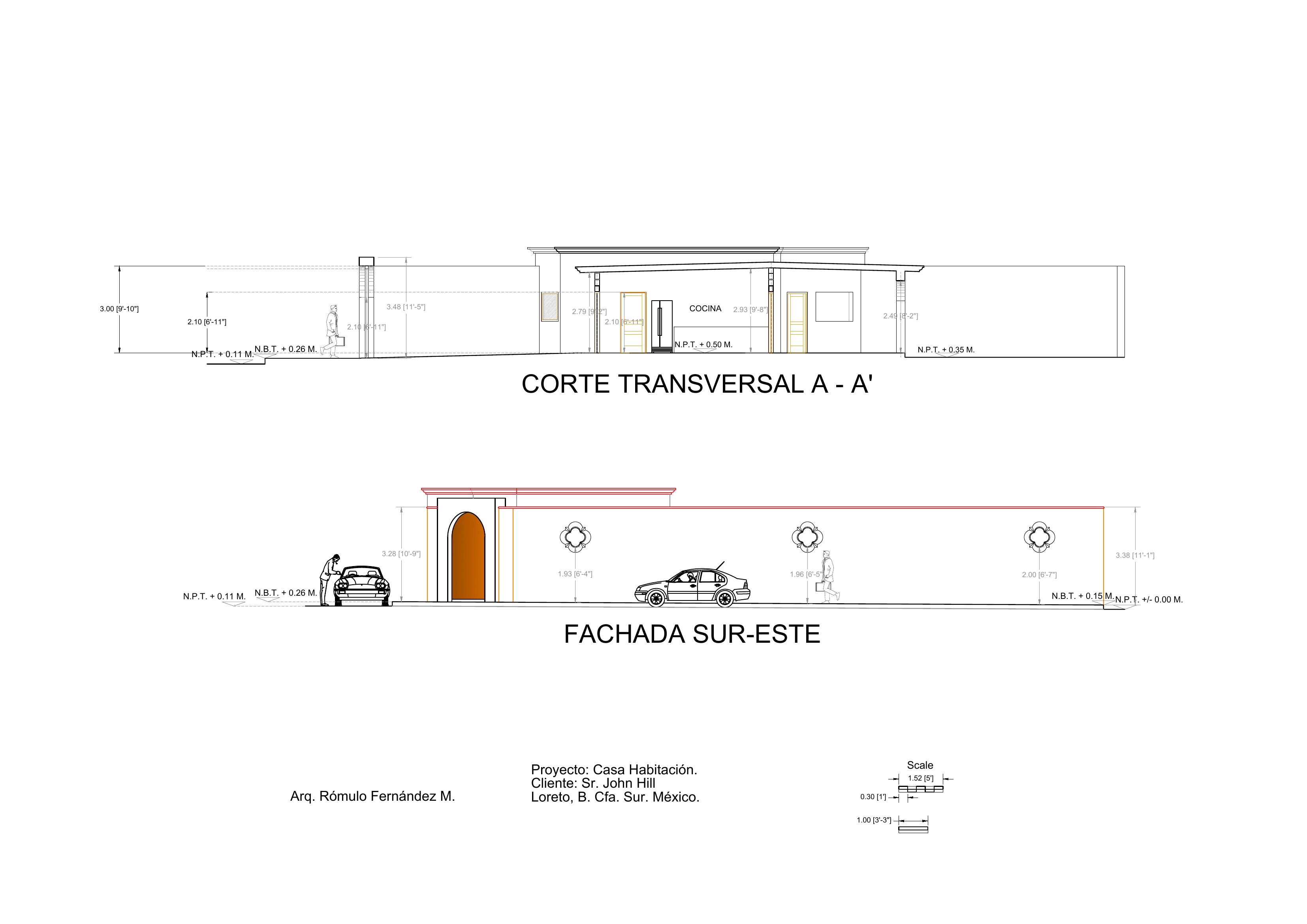 Casa Hill — Corte transversal A-A' y fachada sur-este